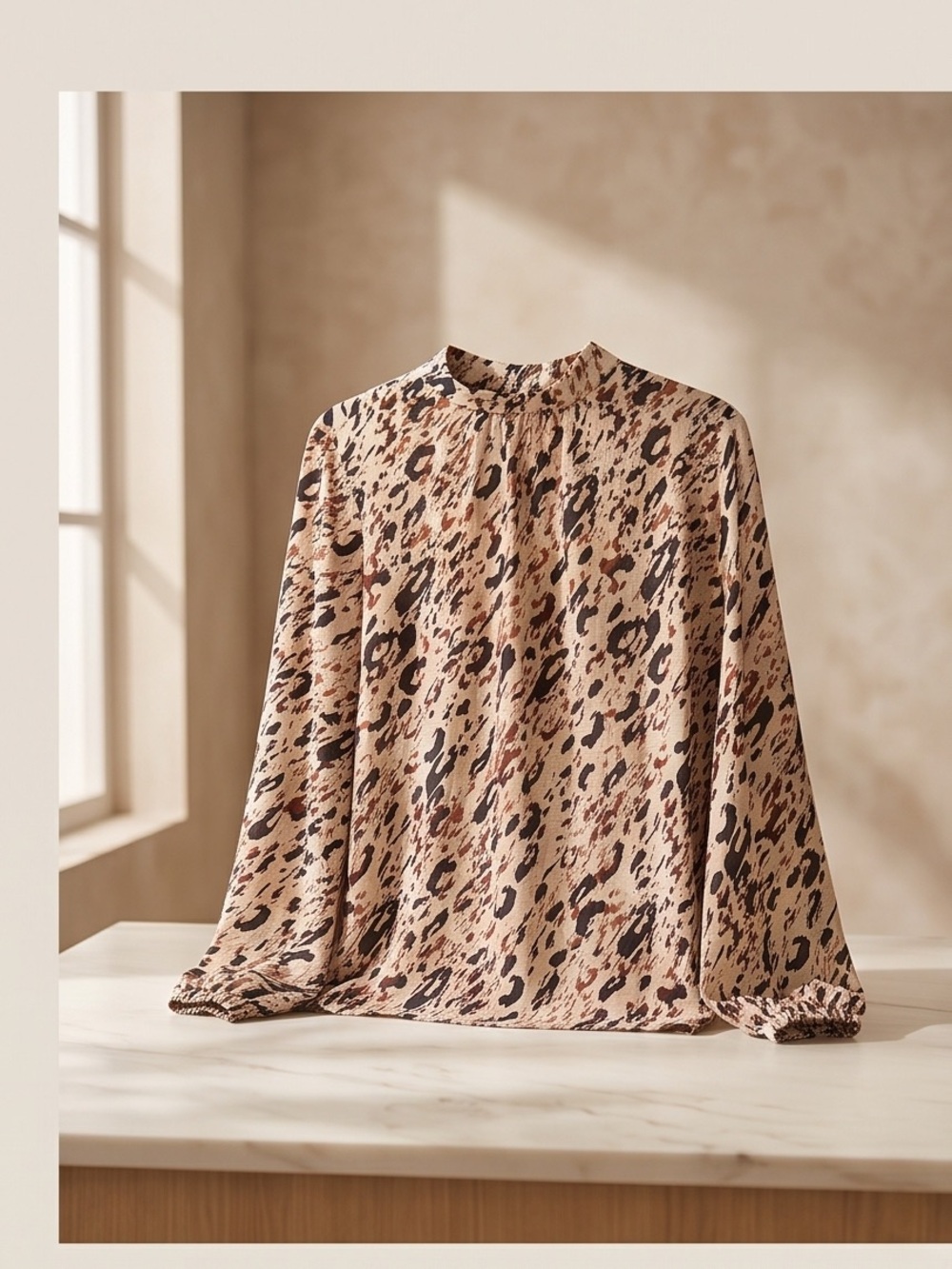Jennifer Lopez Beige and Black Animal Print Long-Sleeve Blouse - Picture 2 of 5